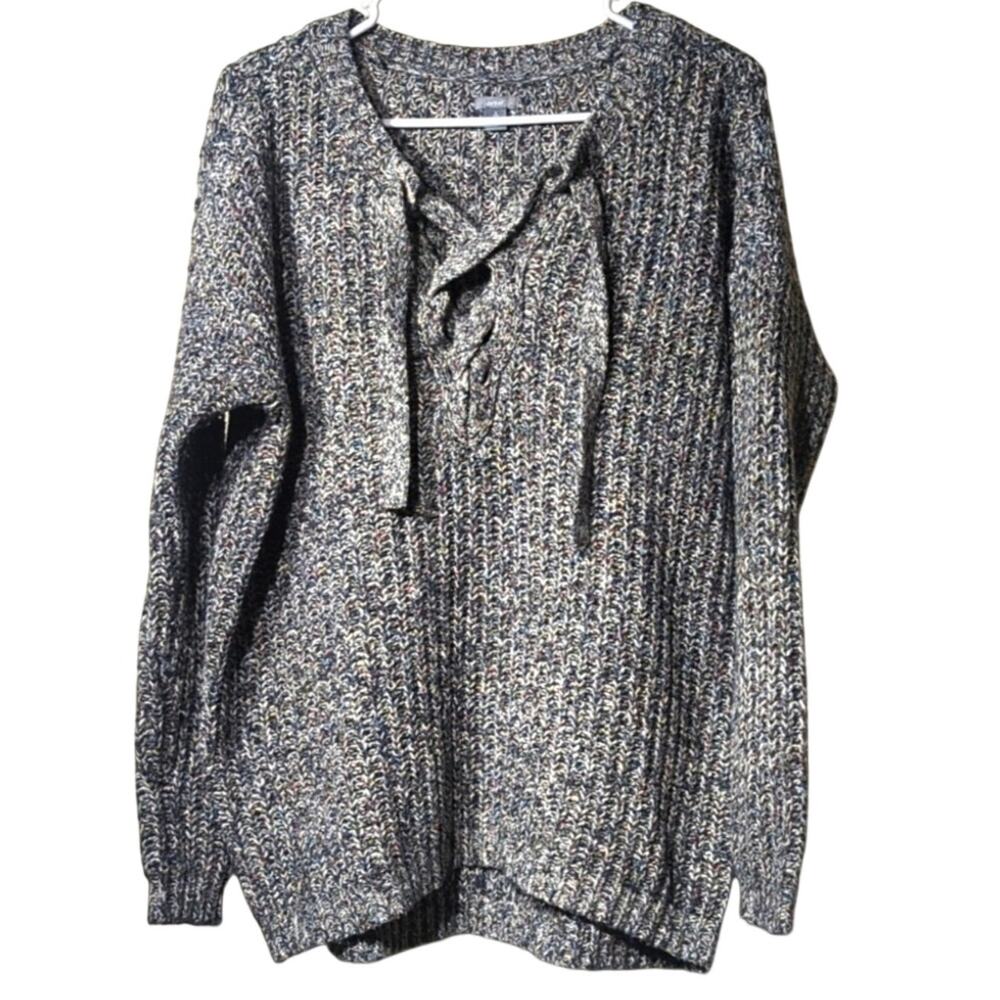 aerie Variegated Gray Woven Sweater with Criss Cross Tie Placket Women's Size SP